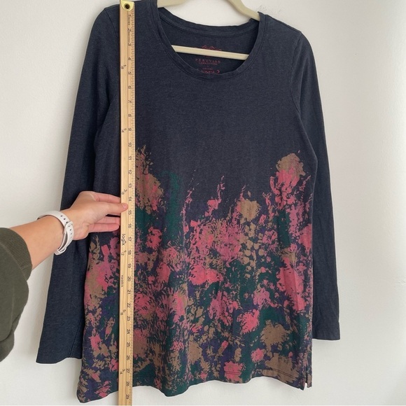 Peruvian Connection Pima cotton long sleeve tee dark floral grey crew small pink - Picture 6 of 8